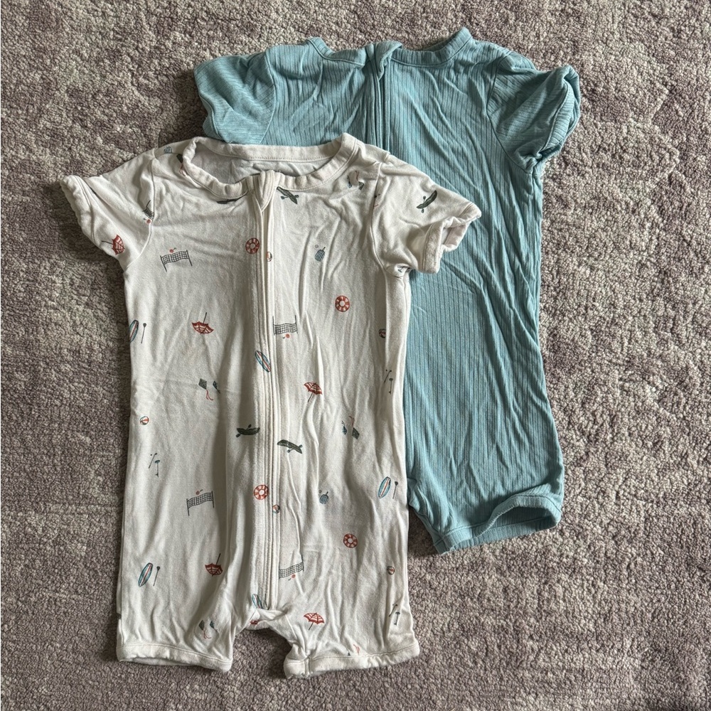 Set of Two Bamboo shortie pajama rompers - Blue and Cream